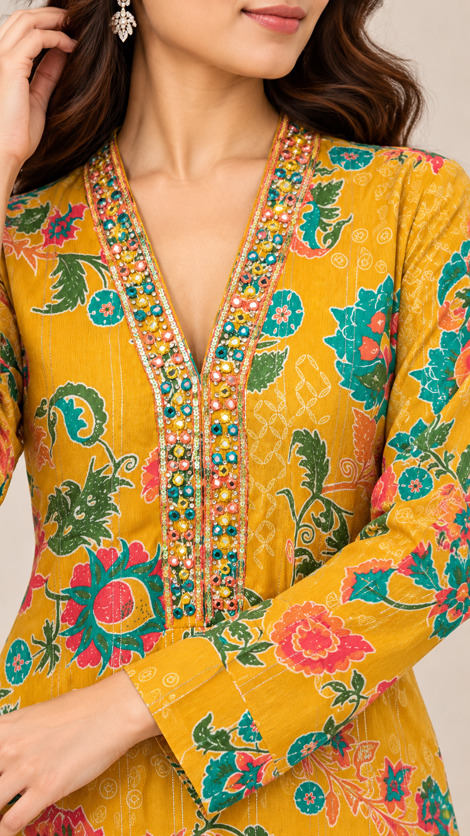 Mustard Floral Embellished Kurta & Trouser Set