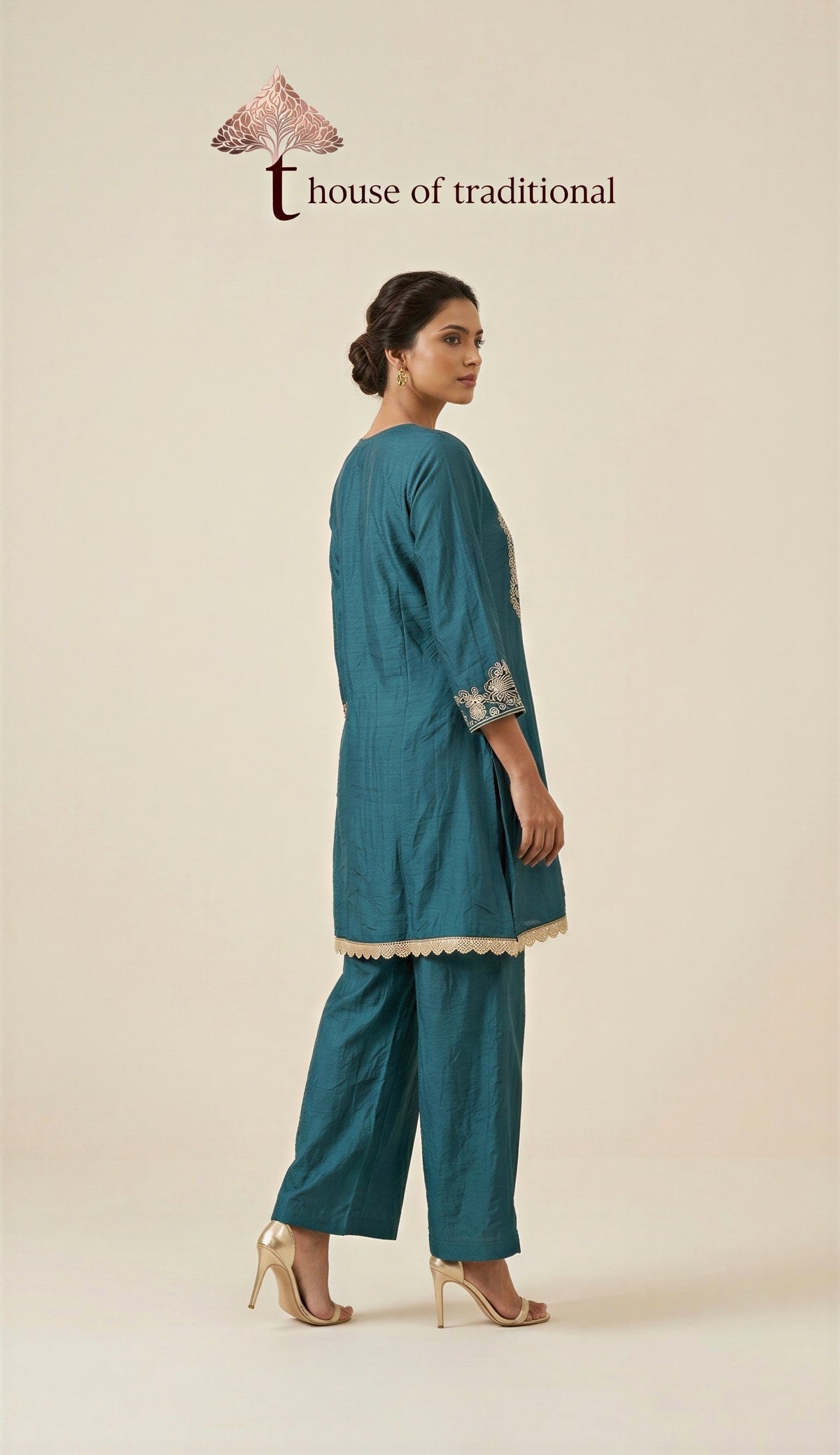 Teal Gaji Silk Handwork 2-Piece Co-ord Set