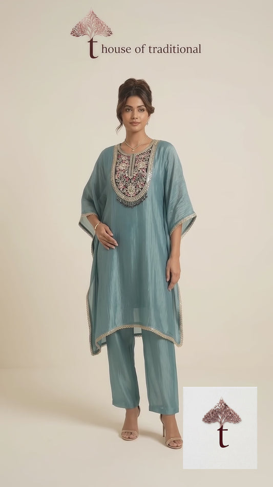 Dusty Sage Green Embellished Crush Tissue Kaftan Set