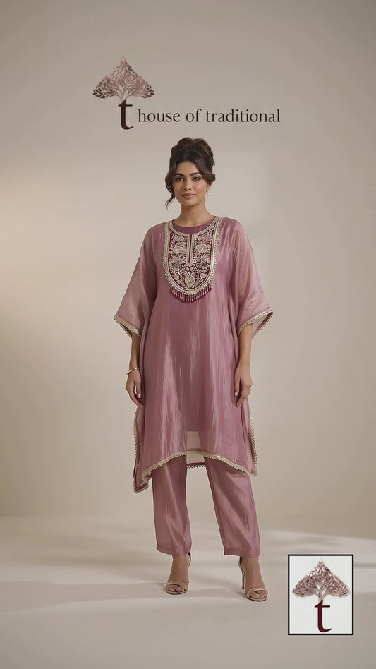 Dusty Rose Embroidered Crush Tissue Kaftan Co-ord Set
