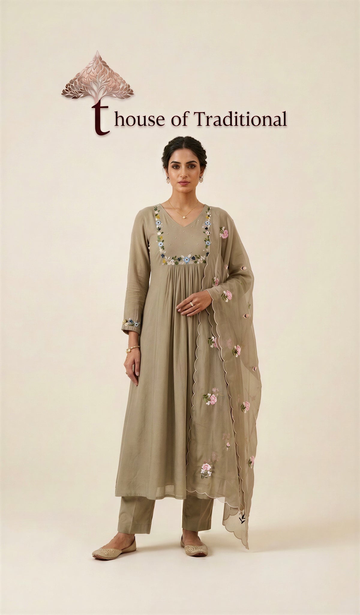 Taupe Floral Embroidered Chanderi 3-Piece Suit Set