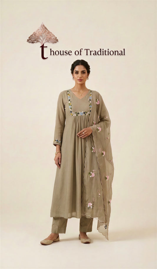 Taupe Floral Embroidered Chanderi 3-Piece Suit Set
