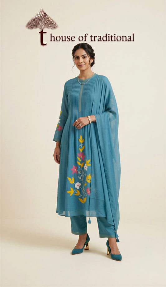 Teal Blue Floral Embroidered Chanderi 3-Piece Suit Set
