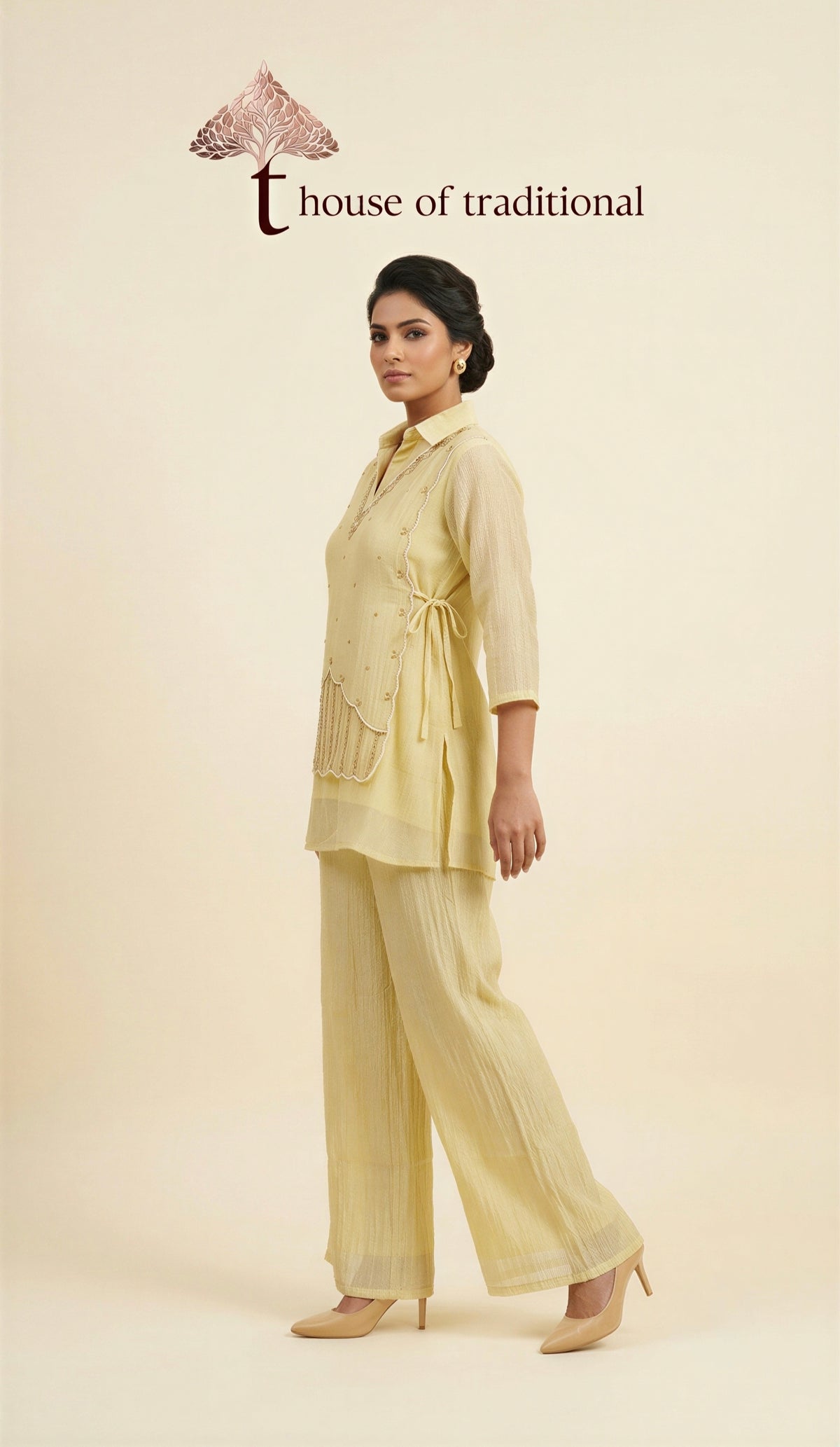 Pastel Yellow 3-Piece Co-ord Set with Embellished Overlay