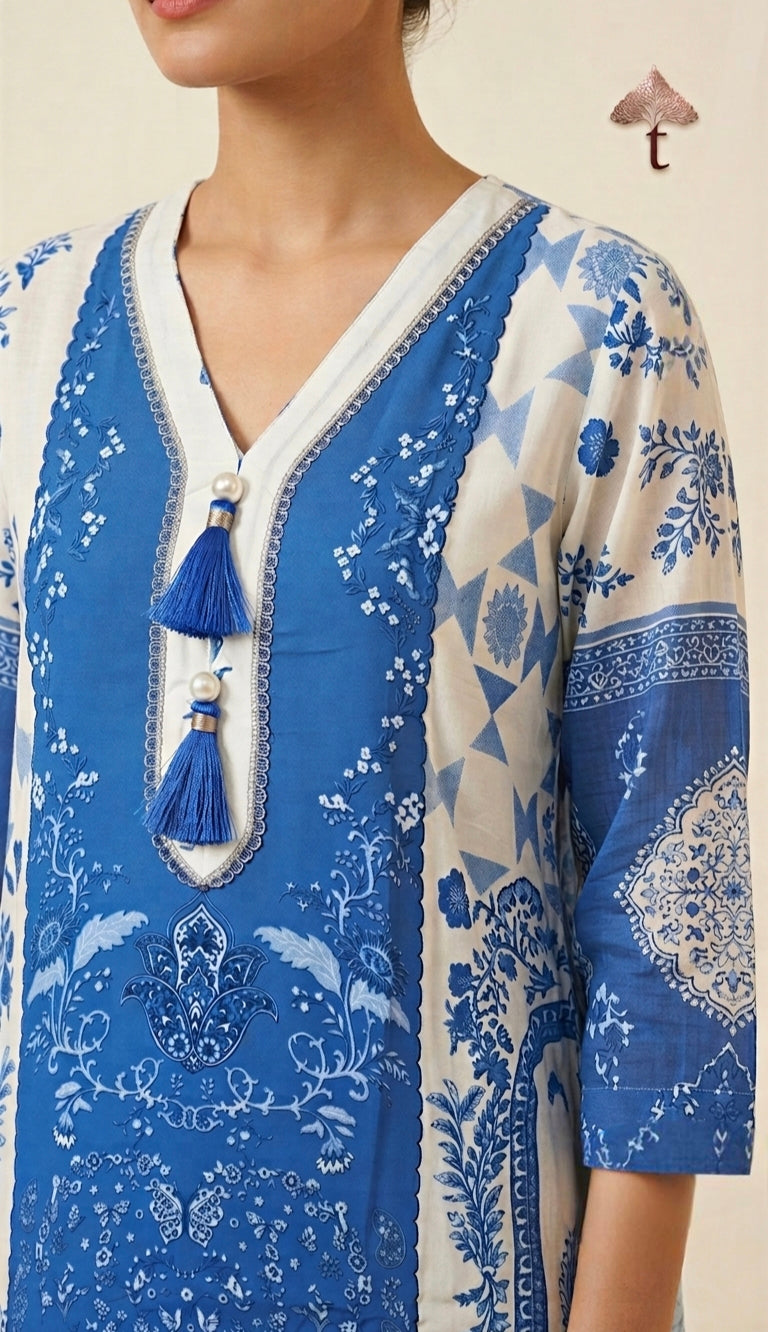 Blue & Ivory Printed Lightweight Cotton 3-Piece Suit Set