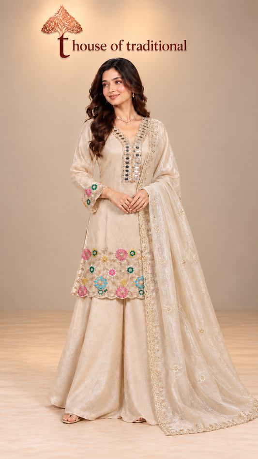 Ivory Satin Mirror & Floral Handwork 3-Piece Set