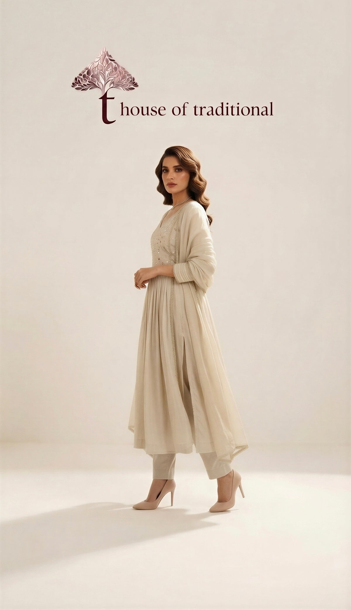 Light Beige Embellished Anarkali 3-Piece Suit Set