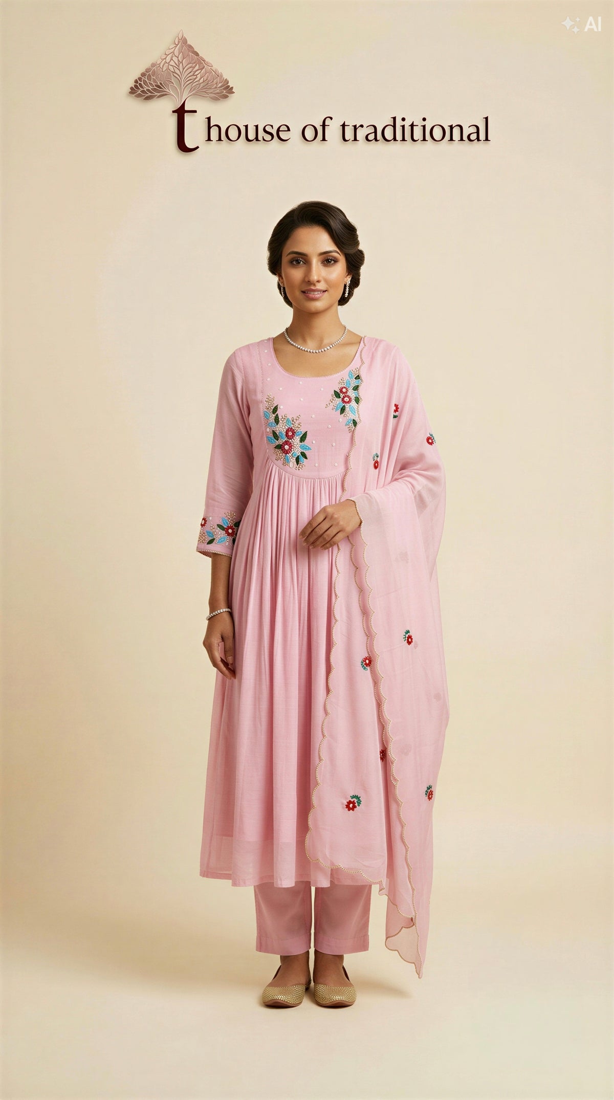Ivory Floral Embroidered Anarkali 3-Piece Set