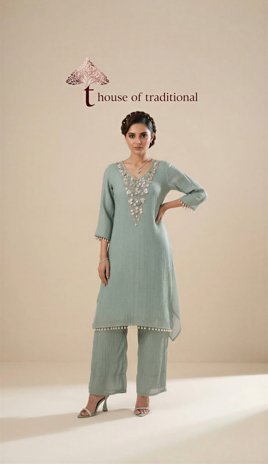 Pastel Sage Green Handwork Crush Tissue Co-ord Set Dres