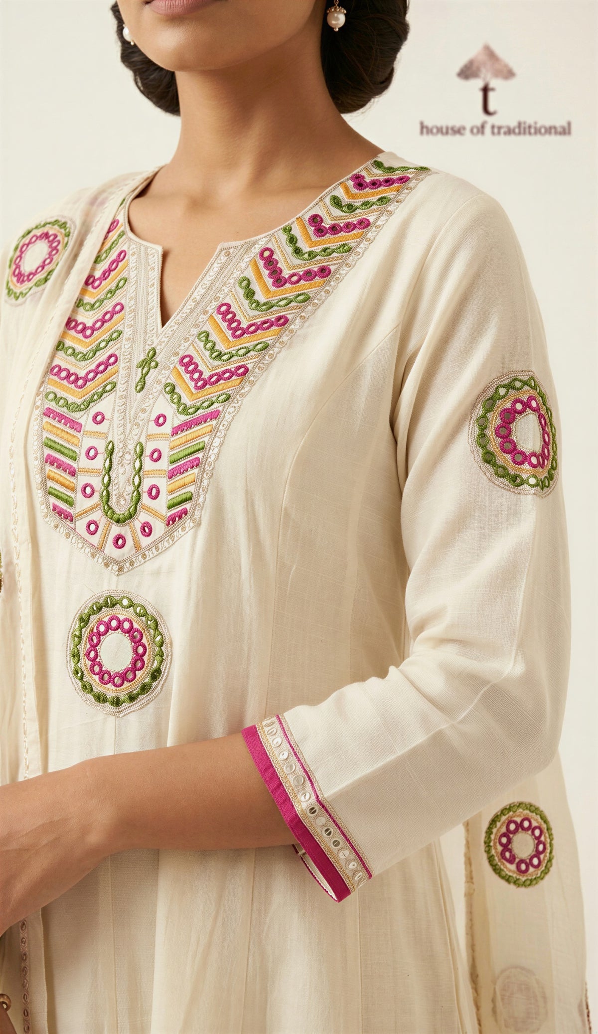 Ivory Embroidered Cotton 3-Piece Suit Set