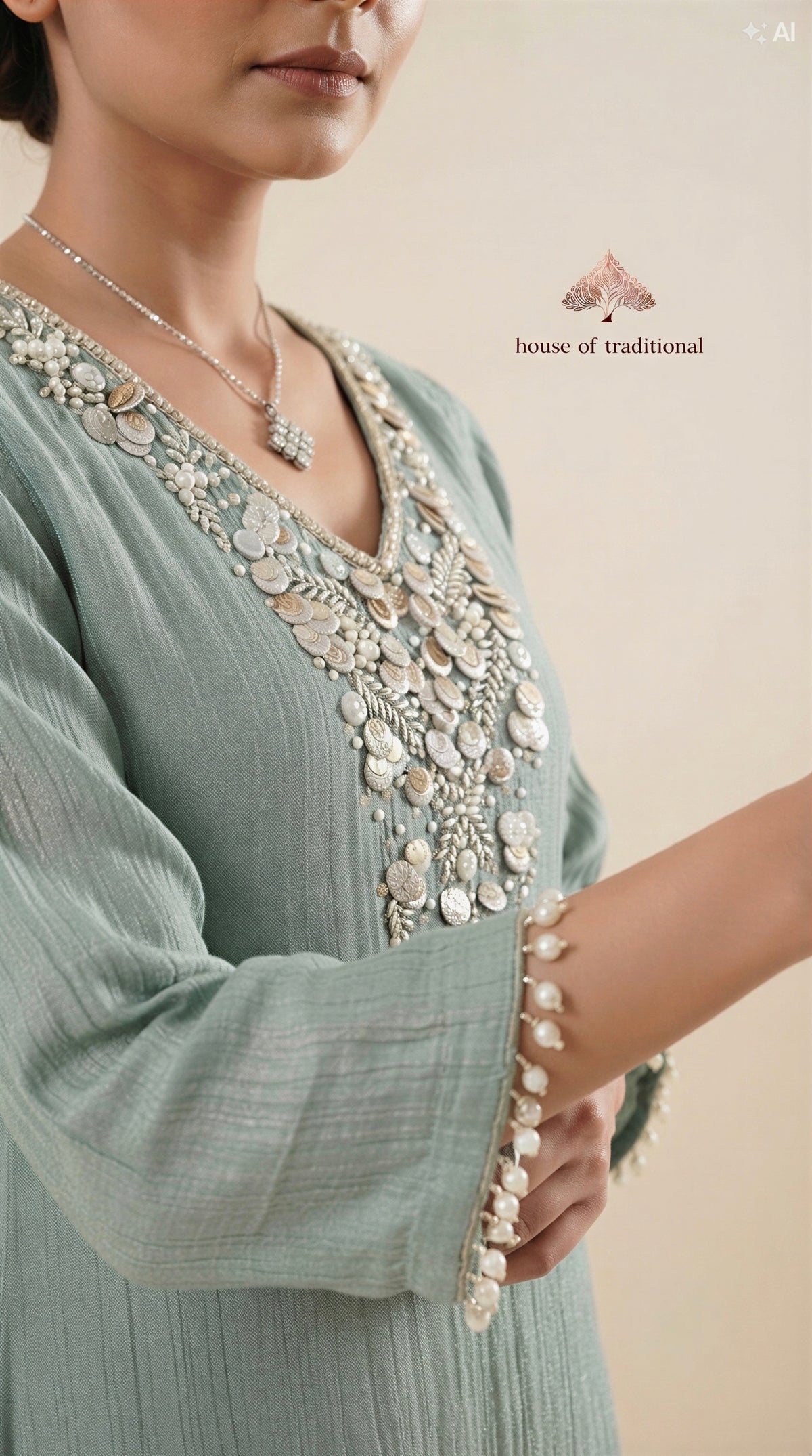 Pastel Sage Green Handwork Crush Tissue Co-ord Set Dres