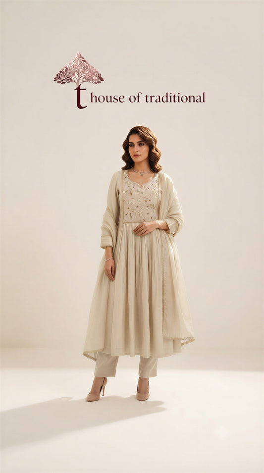 Light Beige Embellished Anarkali 3-Piece Suit Set
