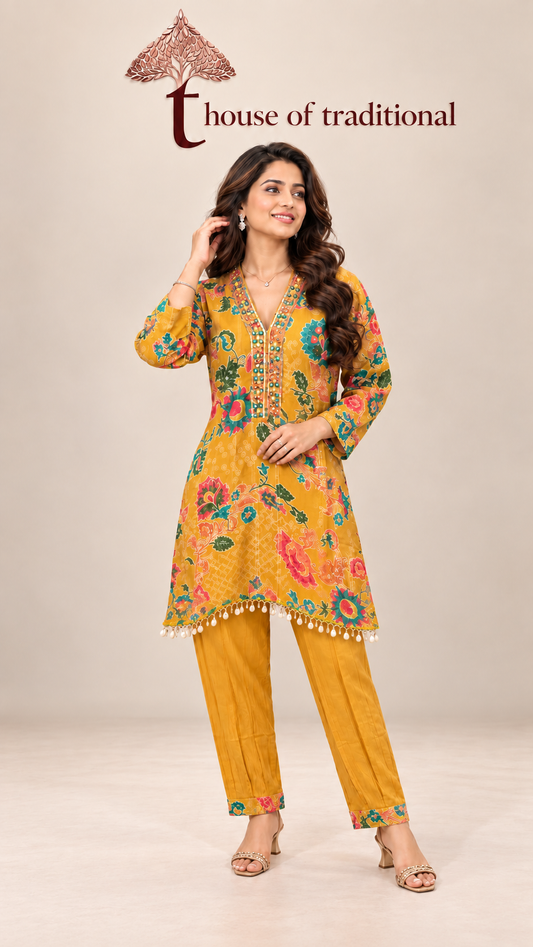 Mustard Floral Embellished Kurta & Trouser Set