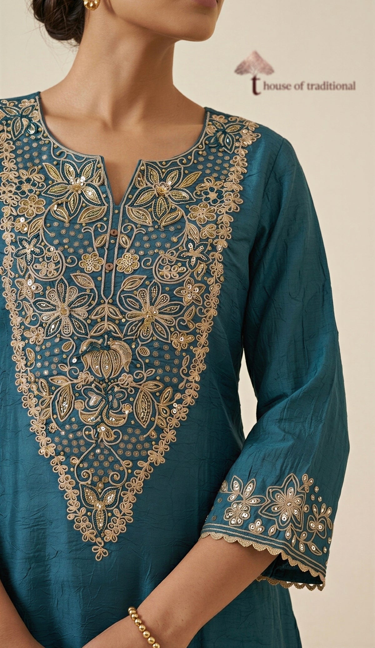 Teal Gaji Silk Handwork 2-Piece Co-ord Set