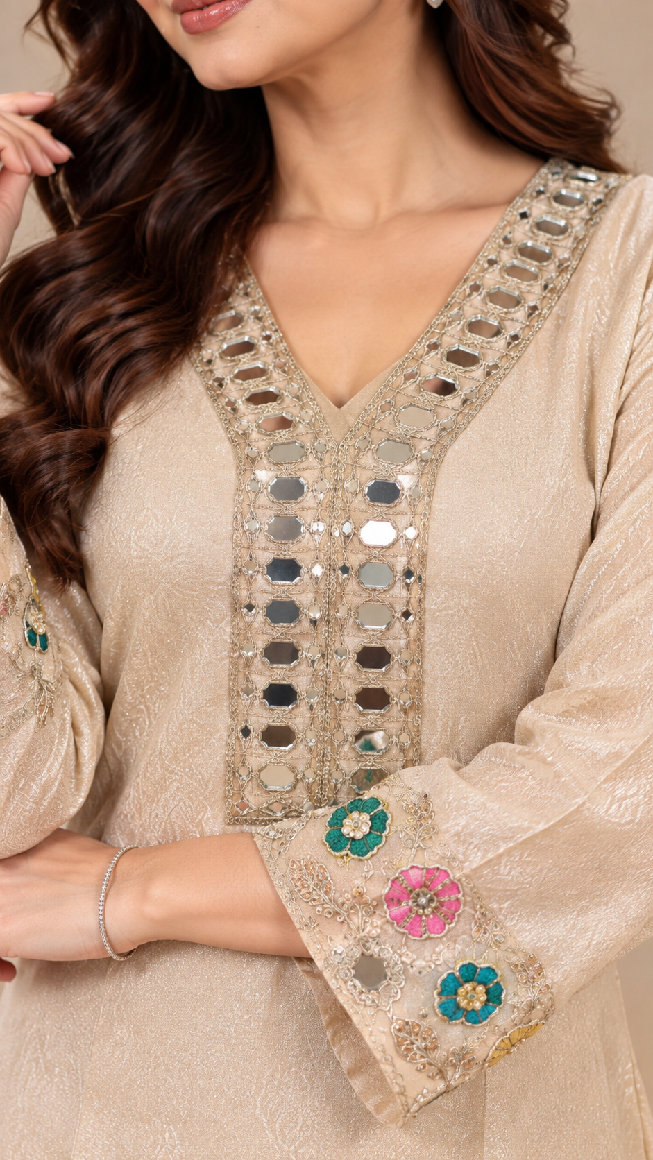 Ivory Satin Mirror & Floral Handwork 3-Piece Set