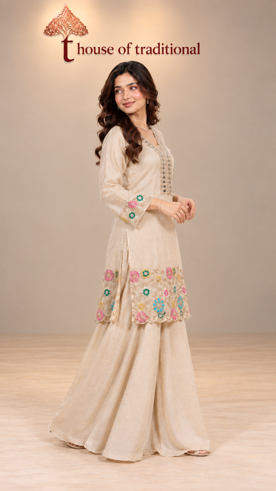 Ivory Satin Mirror & Floral Handwork 3-Piece Set