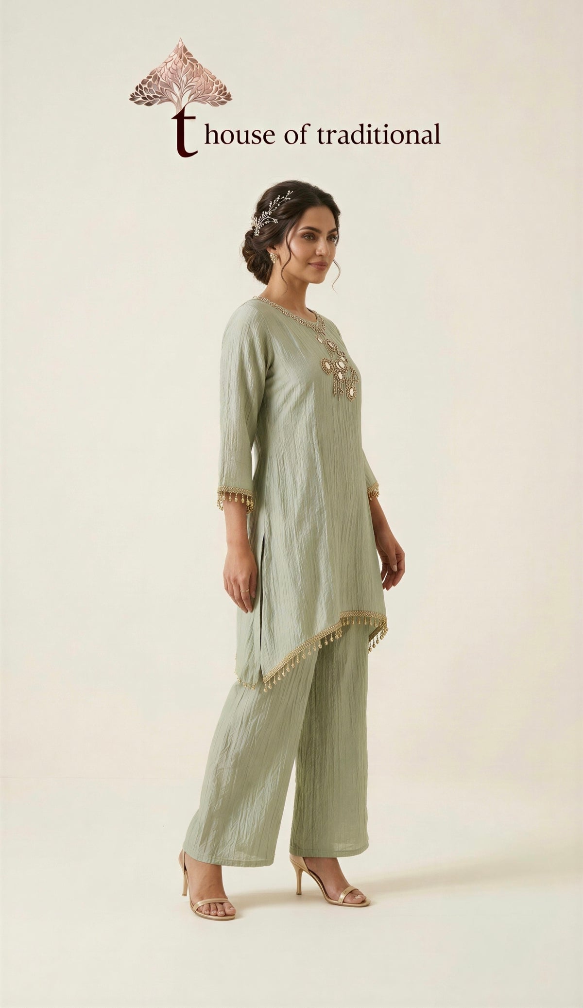 Sage Green Mirror Work Crush Tissue Co-ord Set