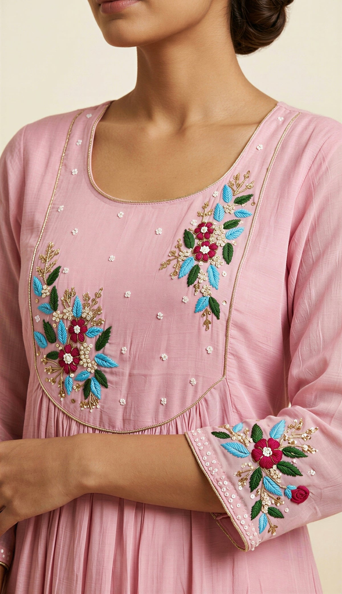 Ivory Floral Embroidered Anarkali 3-Piece Set