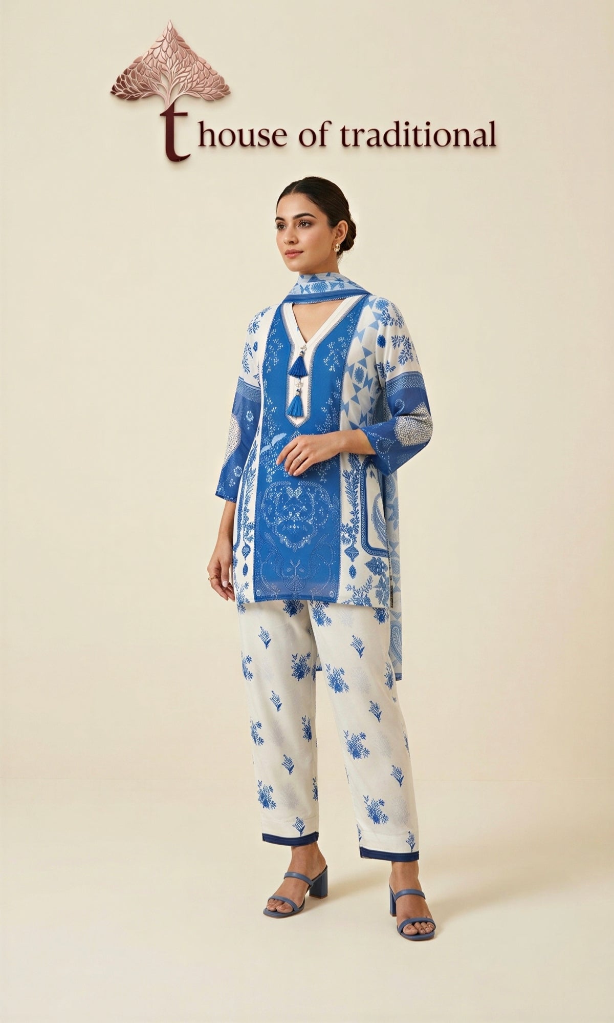 Blue & Ivory Printed Lightweight Cotton 3-Piece Suit Set
