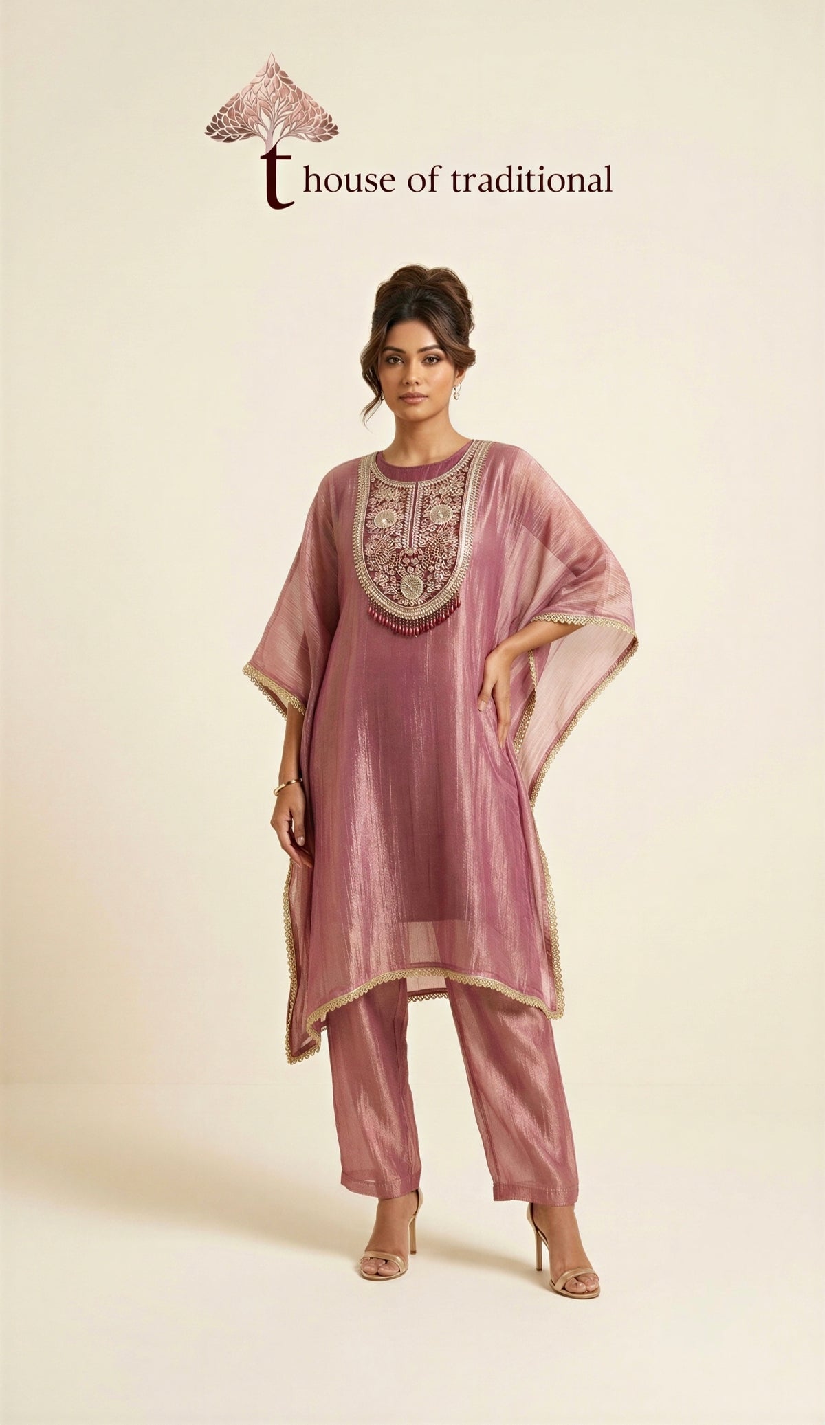 Dusty Rose Embroidered Crush Tissue Kaftan Co-ord Set