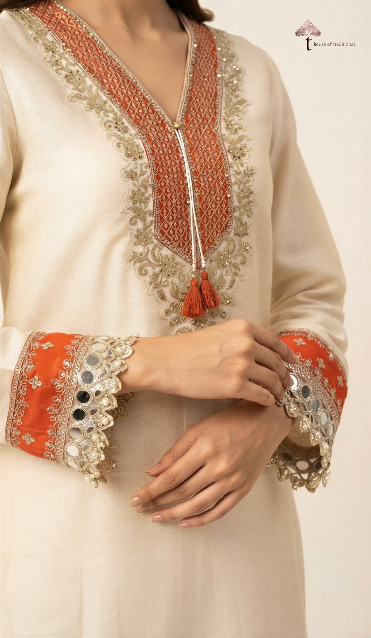 Ivory Cotton Silk Embellished 3-Piece Suit Set
