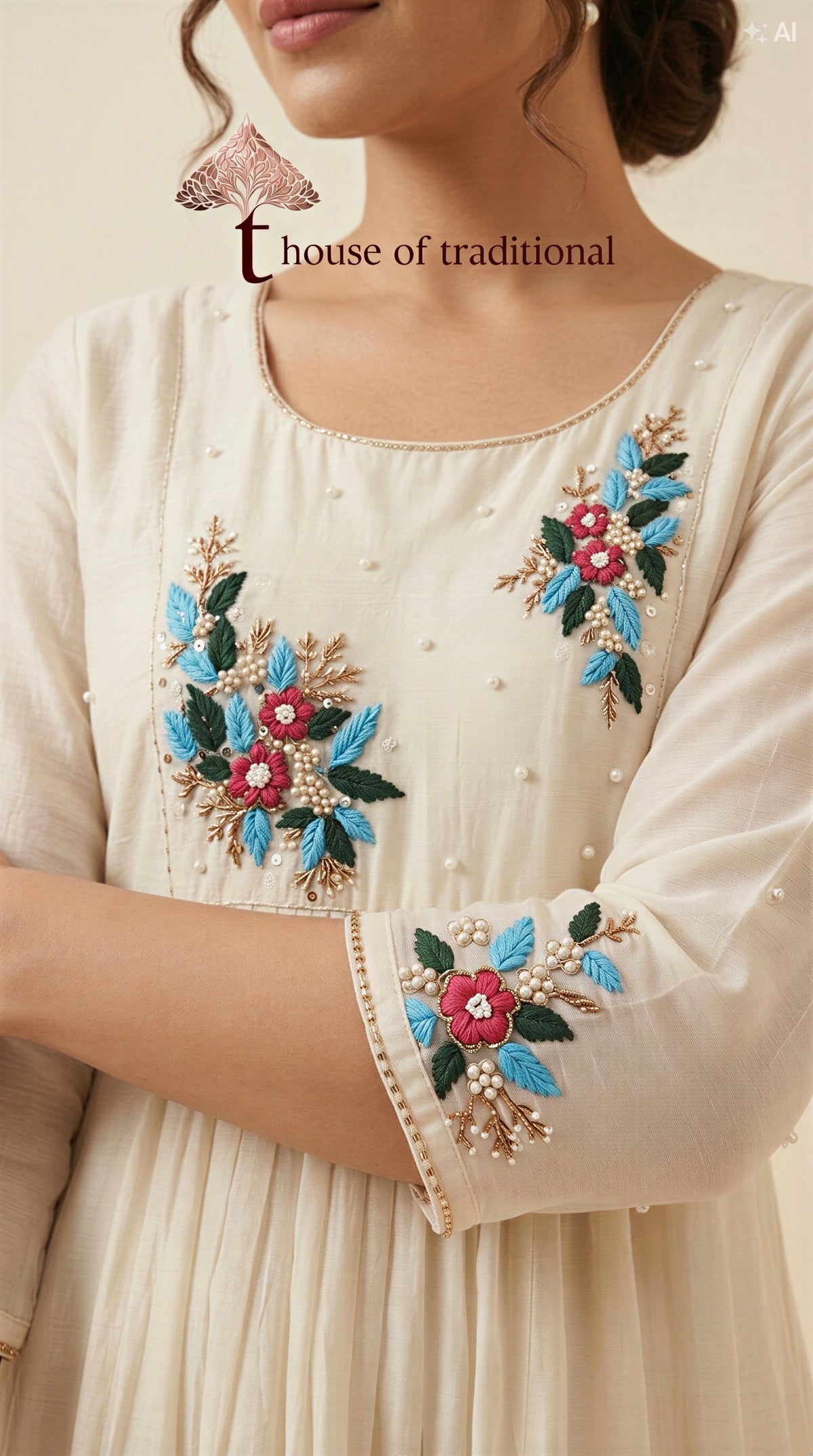 Ivory Floral Embroidered Anarkali 3-Piece Set