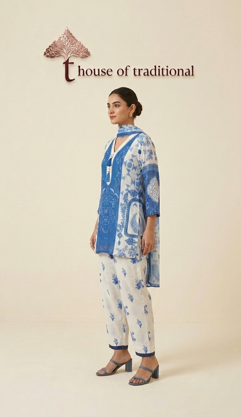 Blue & Ivory Printed Lightweight Cotton 3-Piece Suit Set