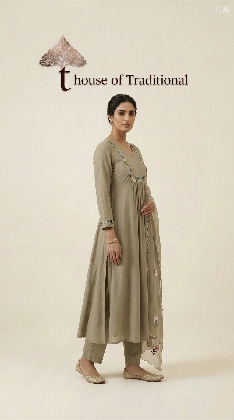 Taupe Floral Embroidered Chanderi 3-Piece Suit Set