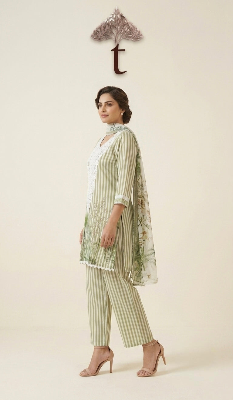 Sage Green Striped Cotton 3-Piece Suit Set