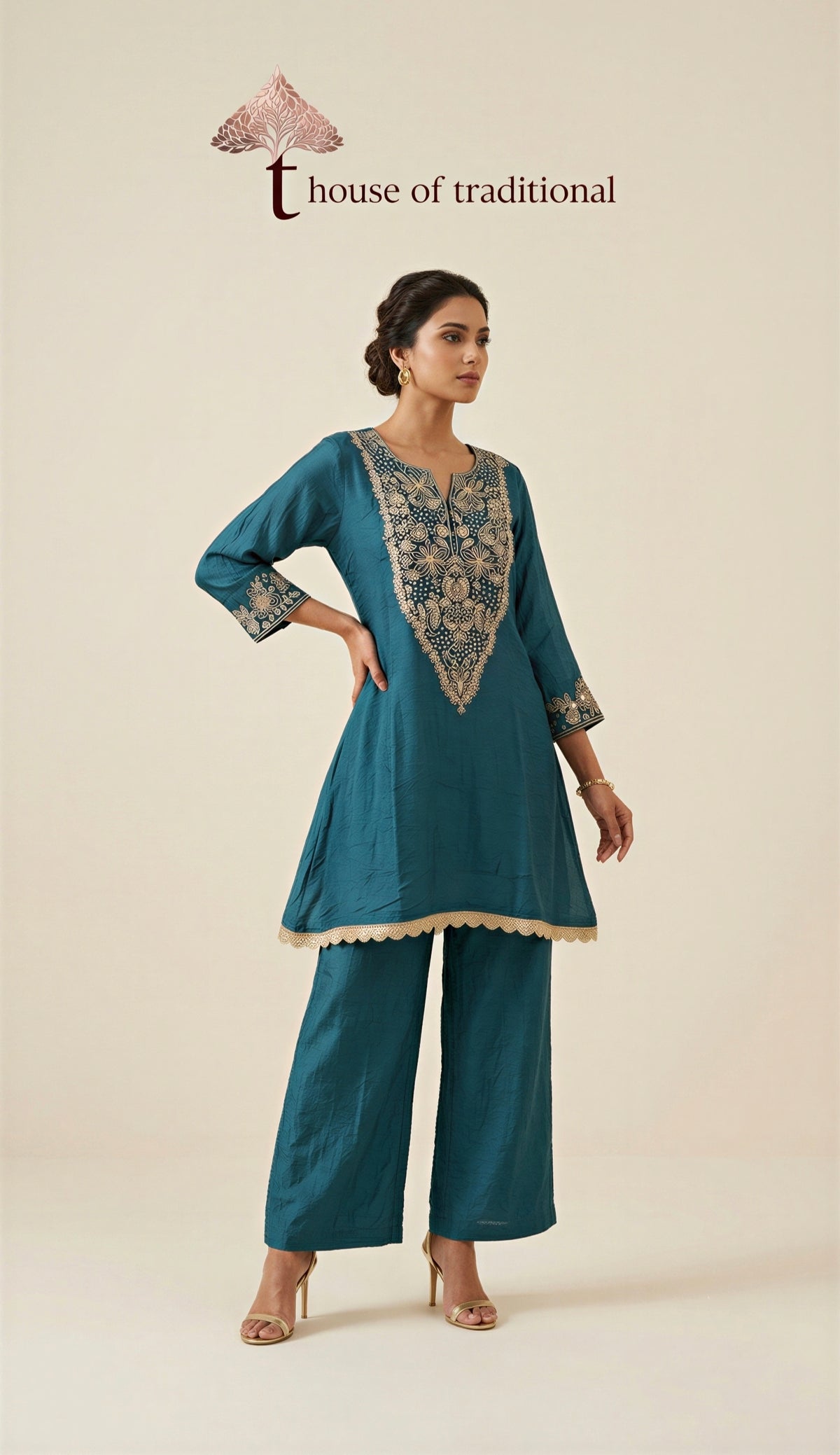 Teal Gaji Silk Handwork 2-Piece Co-ord Set