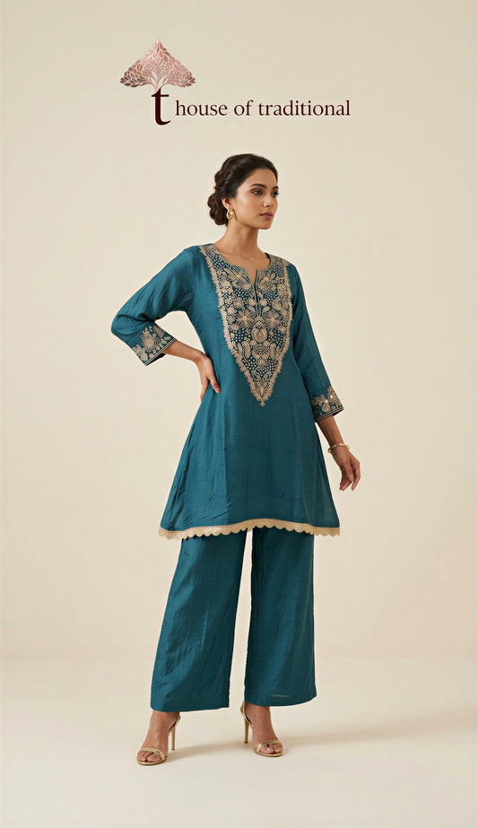 Teal Gaji Silk Handwork 2-Piece Co-ord Set
