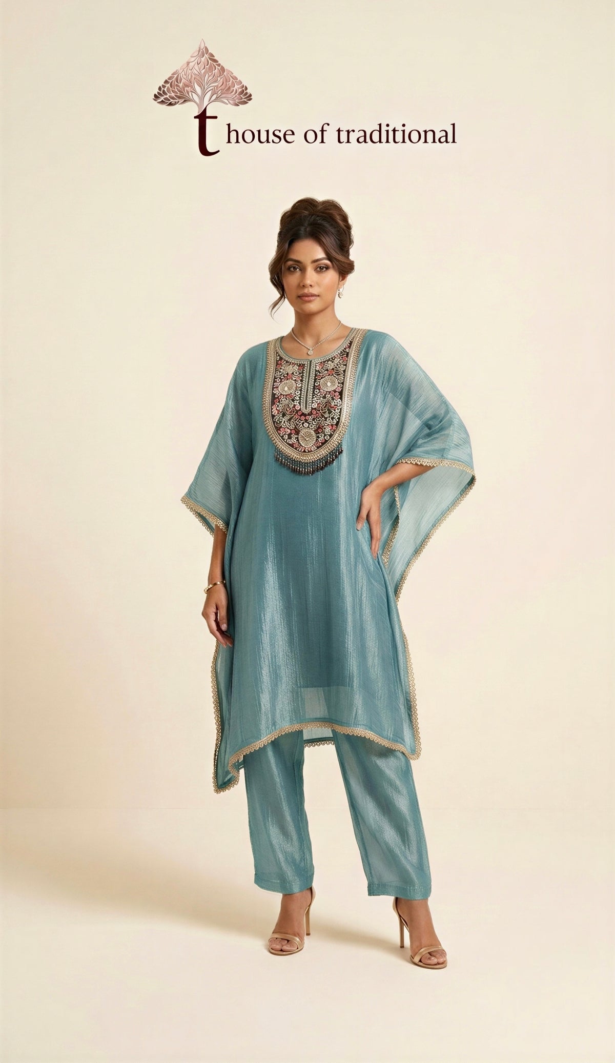 Dusty Sage Green Embellished Crush Tissue Kaftan Set