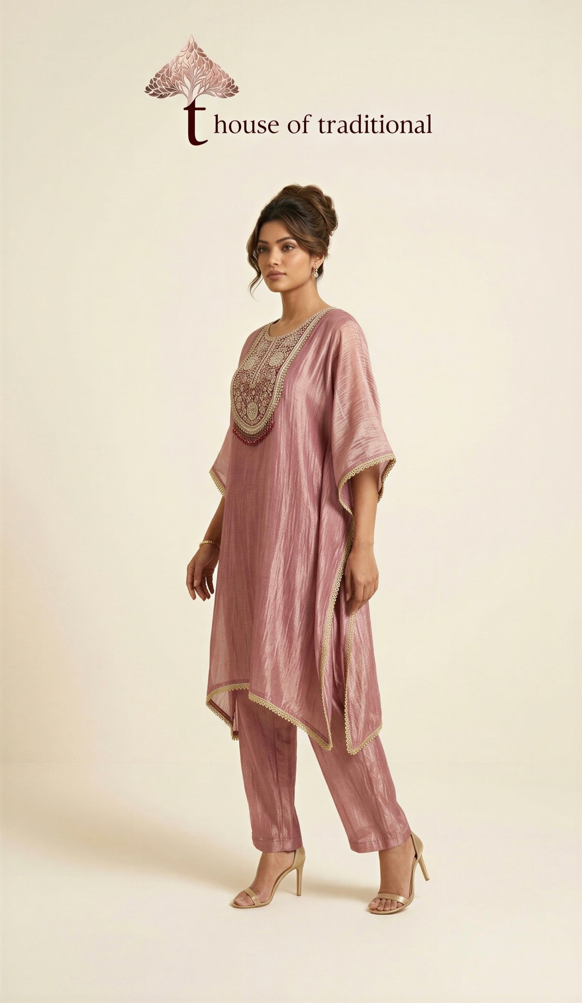 Dusty Rose Embroidered Crush Tissue Kaftan Co-ord Set