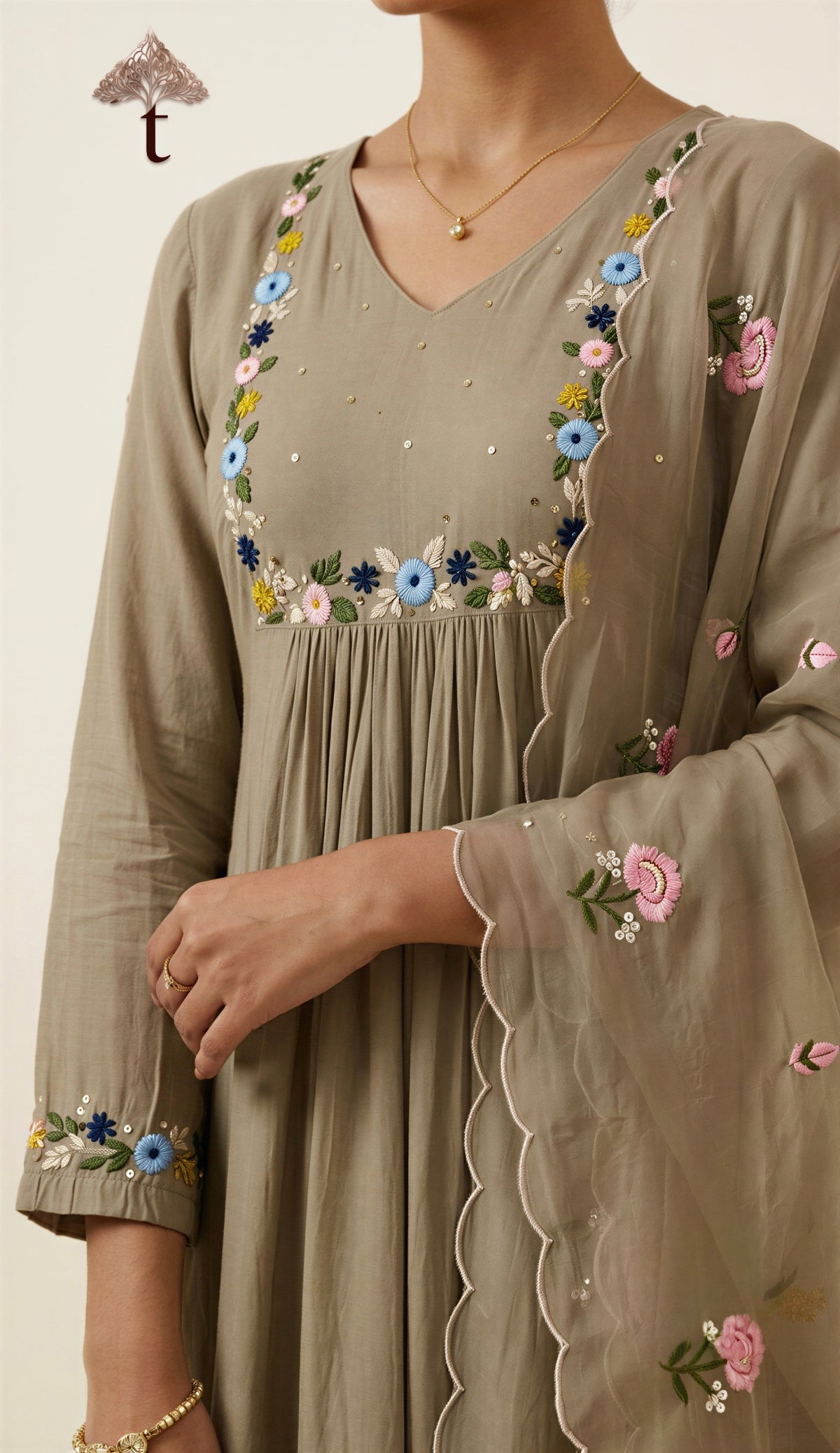 Taupe Floral Embroidered Chanderi 3-Piece Suit Set