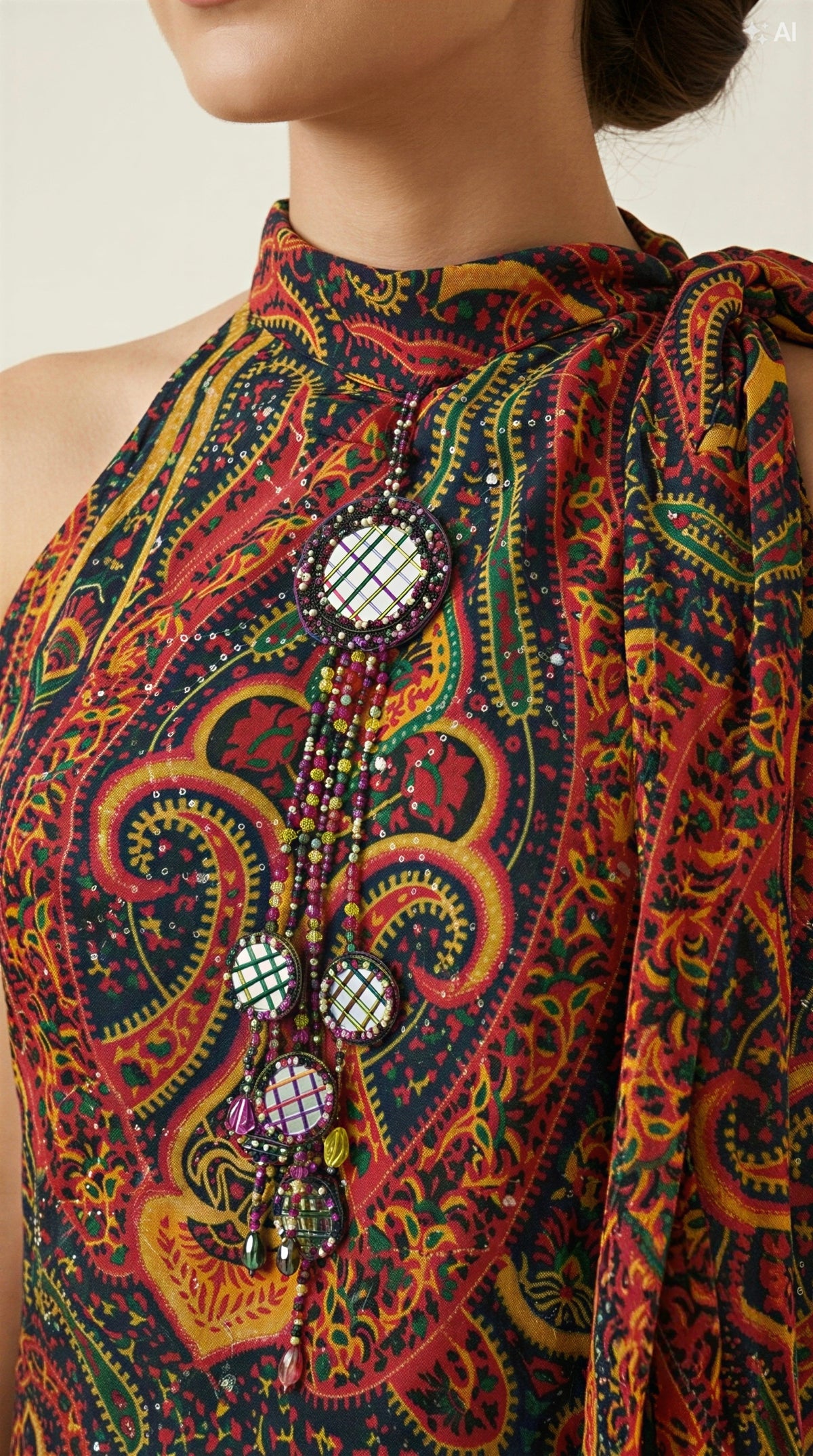 Multicolor Paisley Halter Top with Navy Satin Dhoti Pants