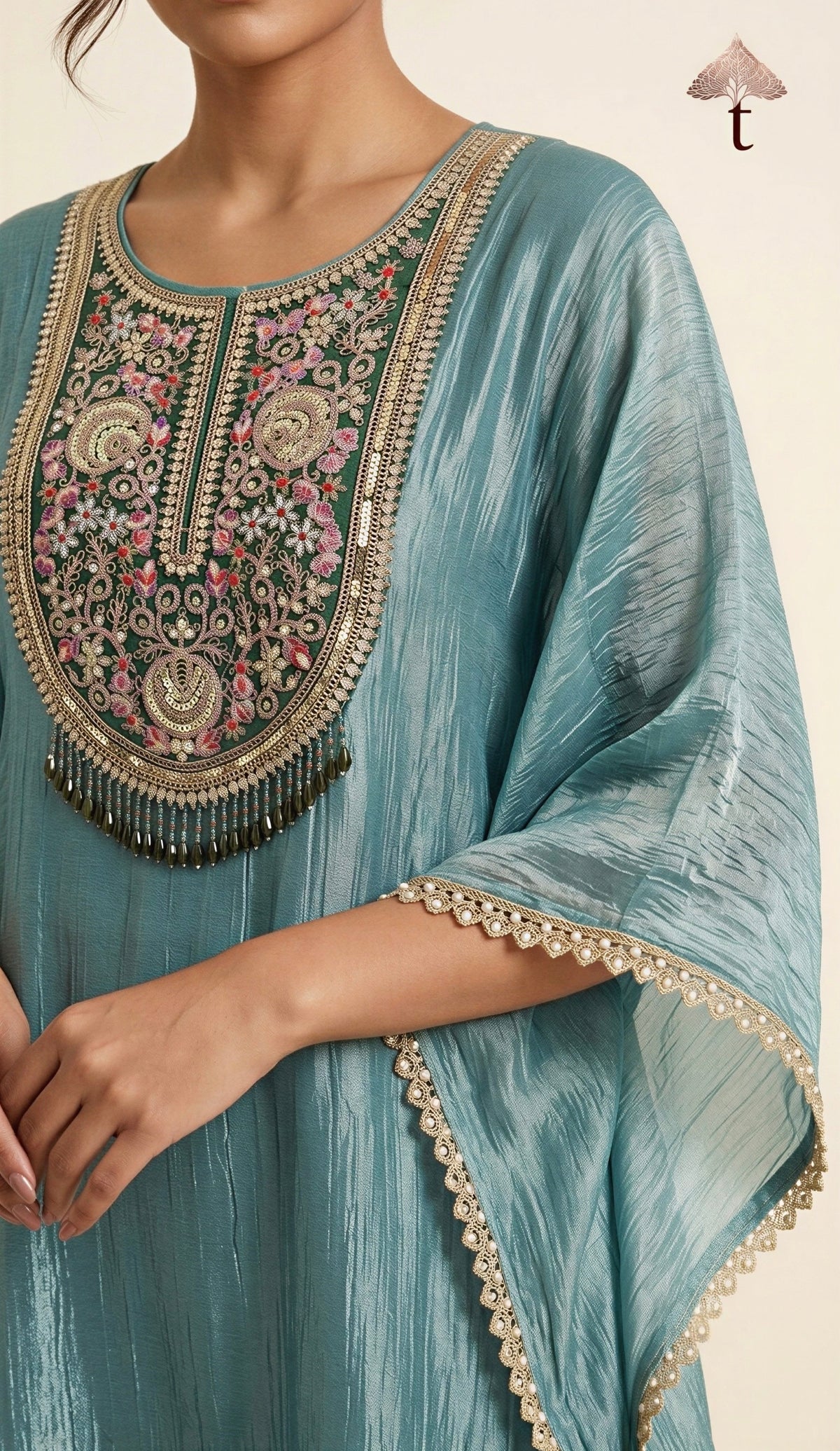 Dusty Sage Green Embellished Crush Tissue Kaftan Set