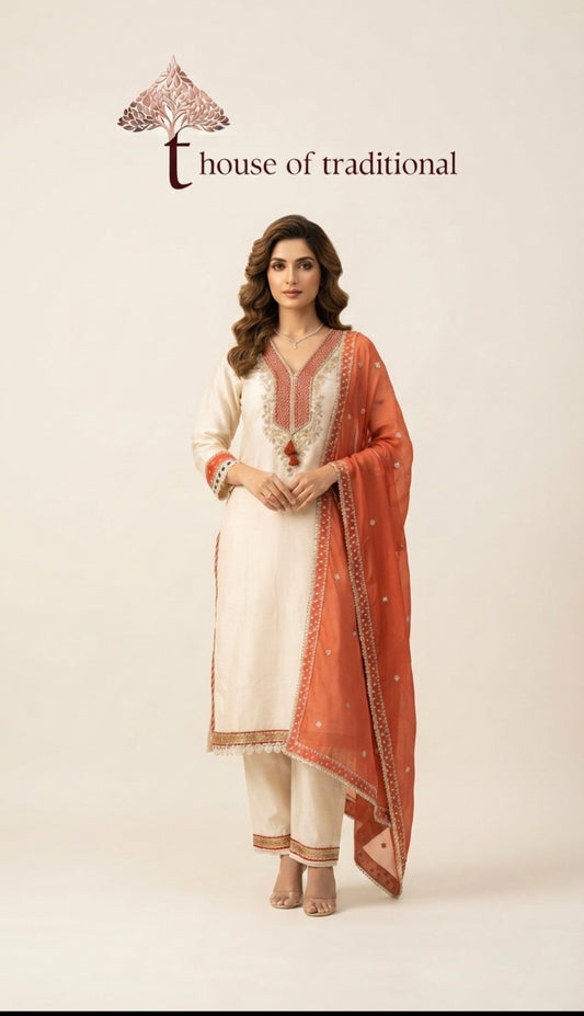 Ivory Cotton Silk Embellished 3-Piece Suit Set