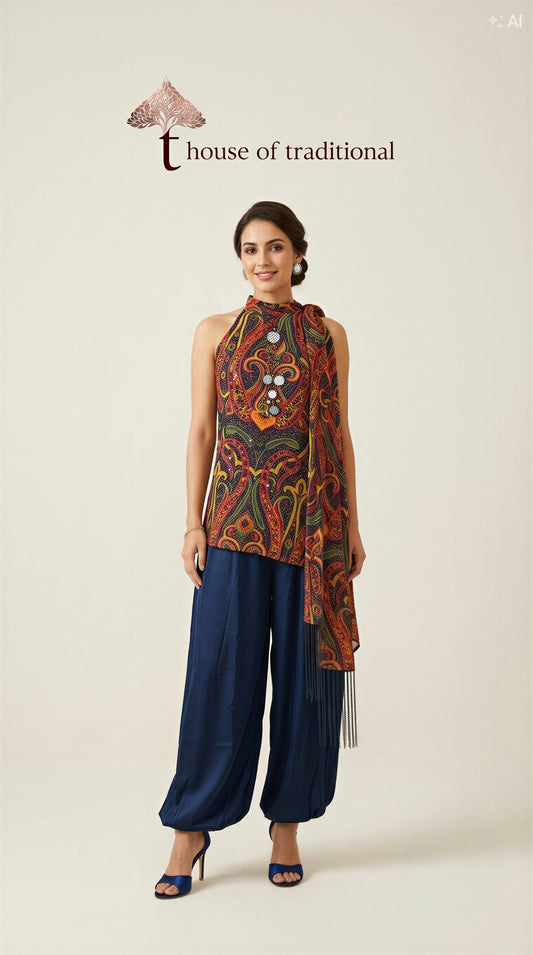 Multicolor Paisley Halter Top with Navy Satin Dhoti Pants