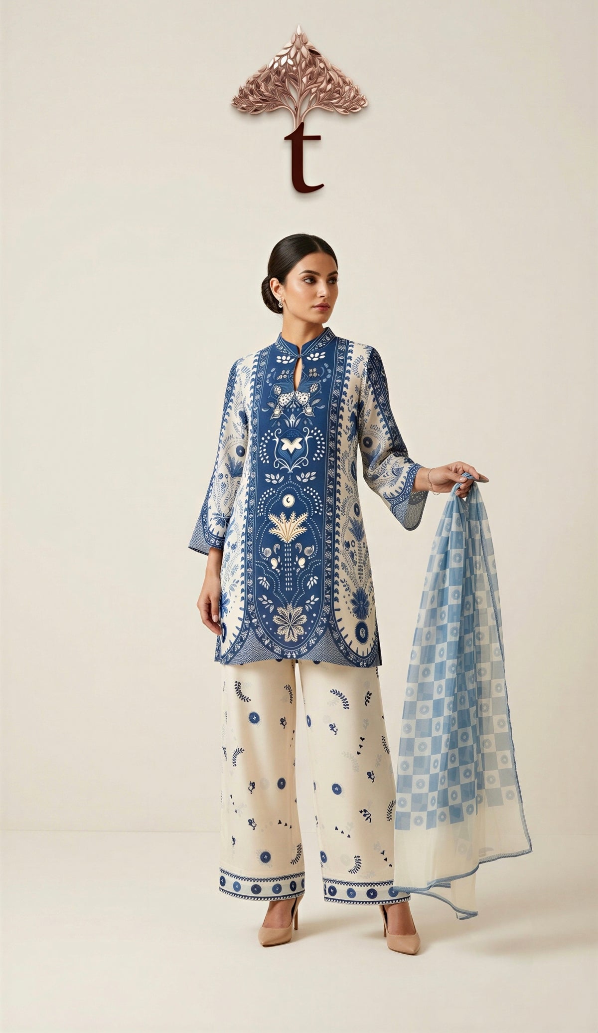 Blue & Ivory Premium Mal Cotton 3-Piece Suit Set
