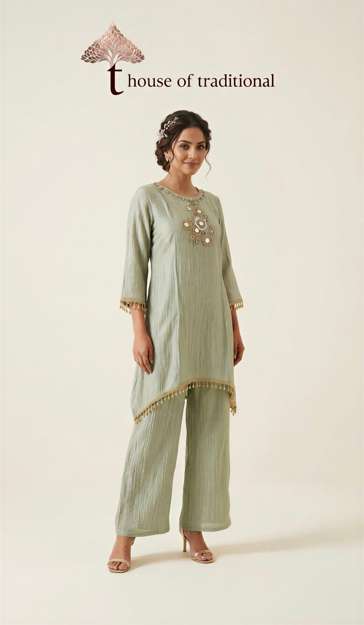 Sage Green Mirror Work Crush Tissue Co-ord Set