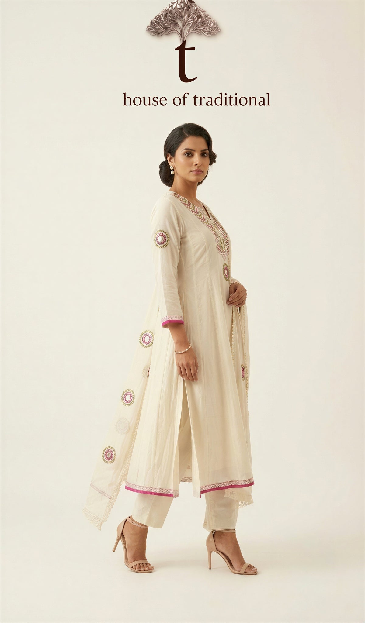Ivory Embroidered Cotton 3-Piece Suit Set