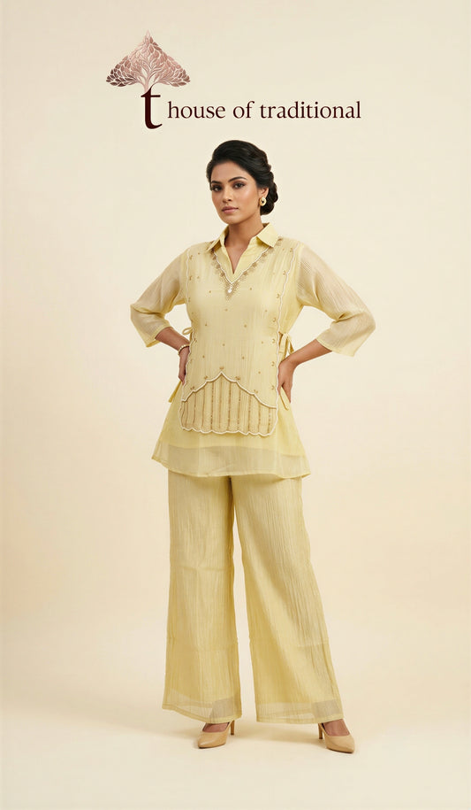 Pastel Yellow 3-Piece Co-ord Set with Embellished Overlay