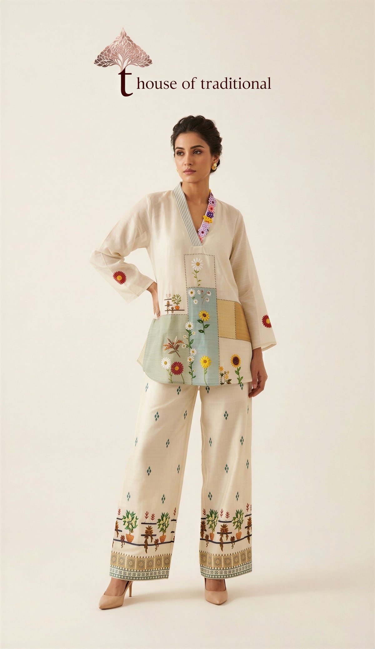 Ivory Floral print with stonework Co-ord Set