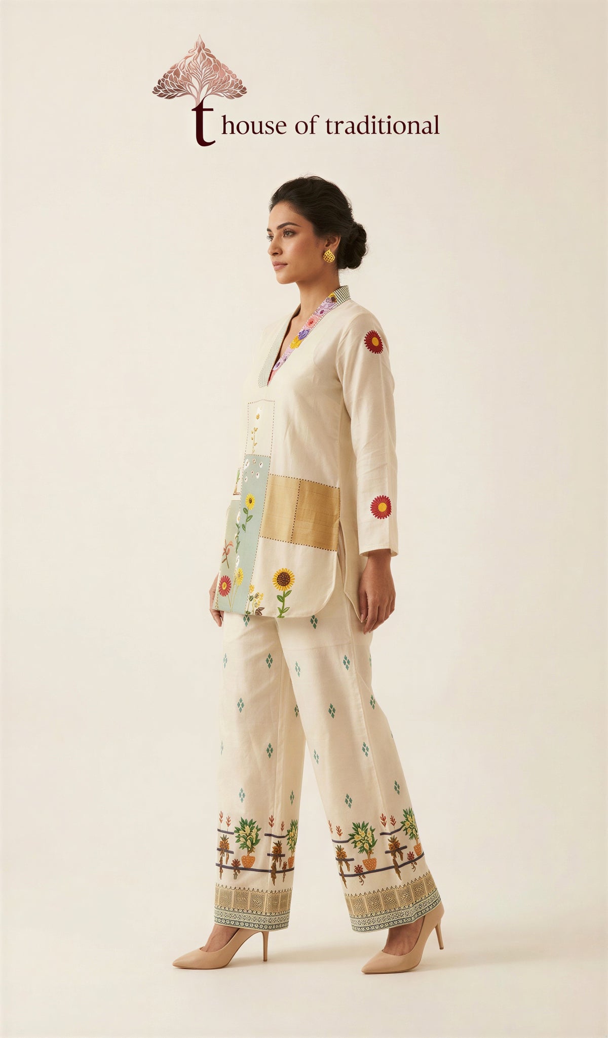 Ivory Floral print with stonework Co-ord Set