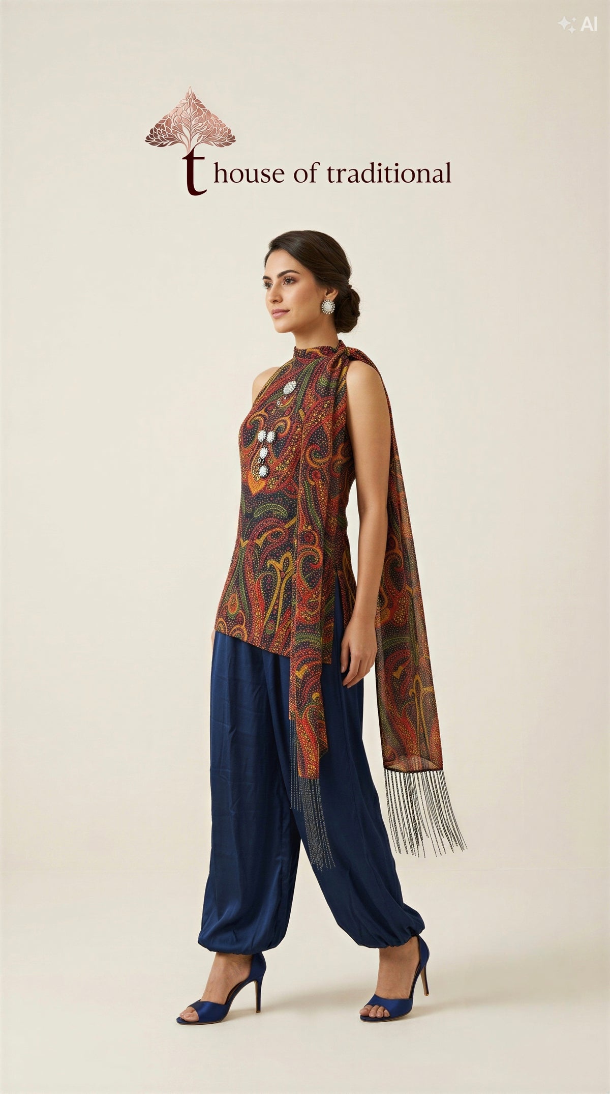 Multicolor Paisley Halter Top with Navy Satin Dhoti Pants