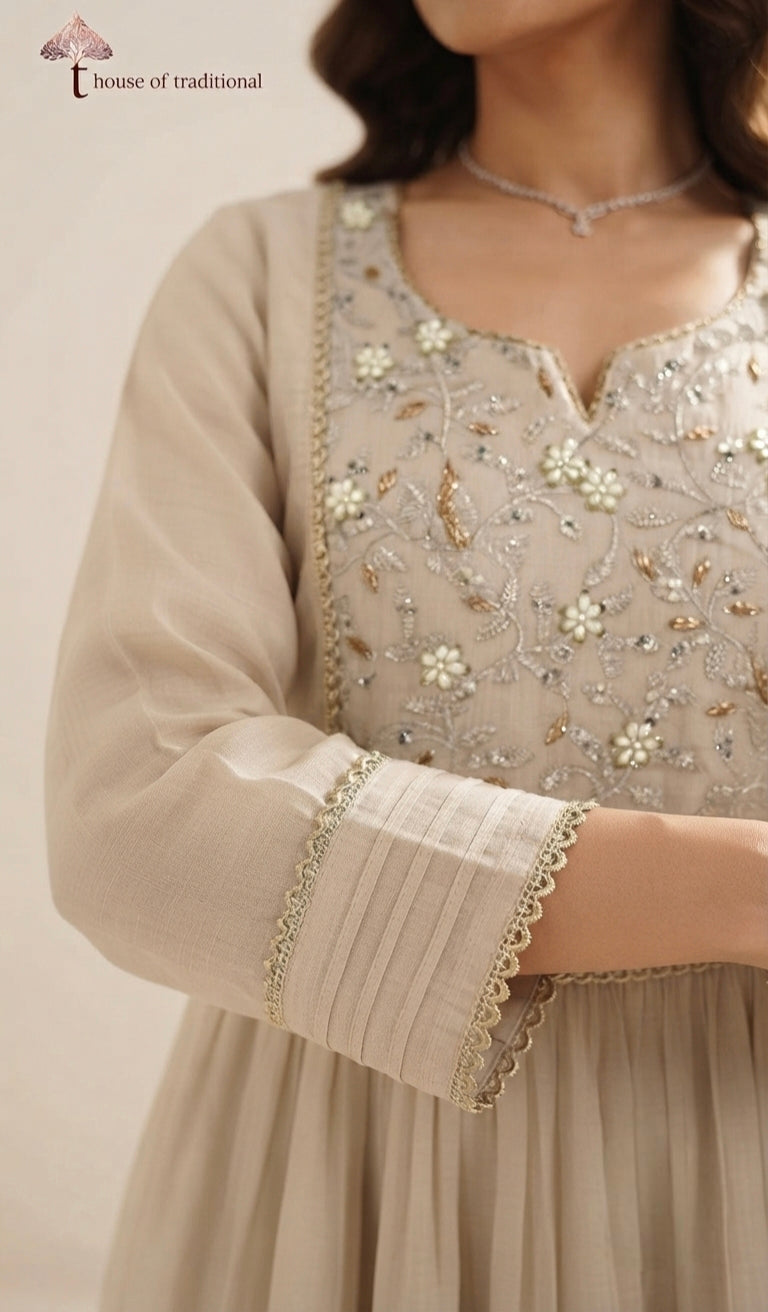 Light Beige Embellished Anarkali 3-Piece Suit Set