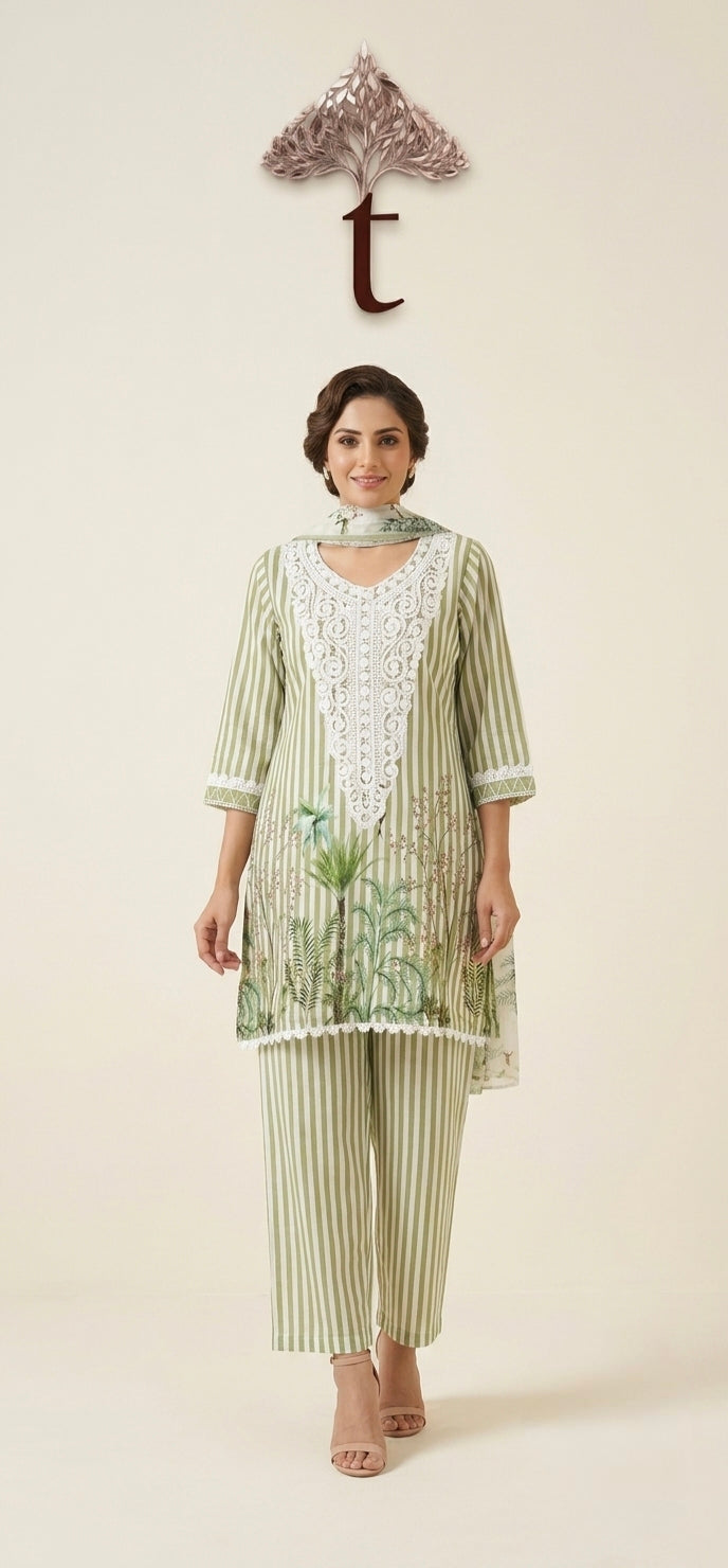 Sage Green Striped Cotton 3-Piece Suit Set