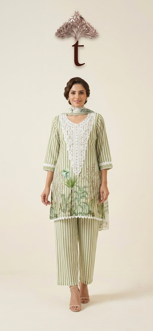Sage Green Striped Cotton 3-Piece Suit Set