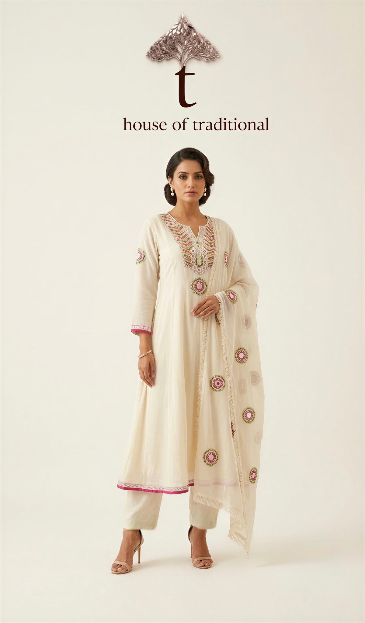 Ivory Embroidered Cotton 3-Piece Suit Set