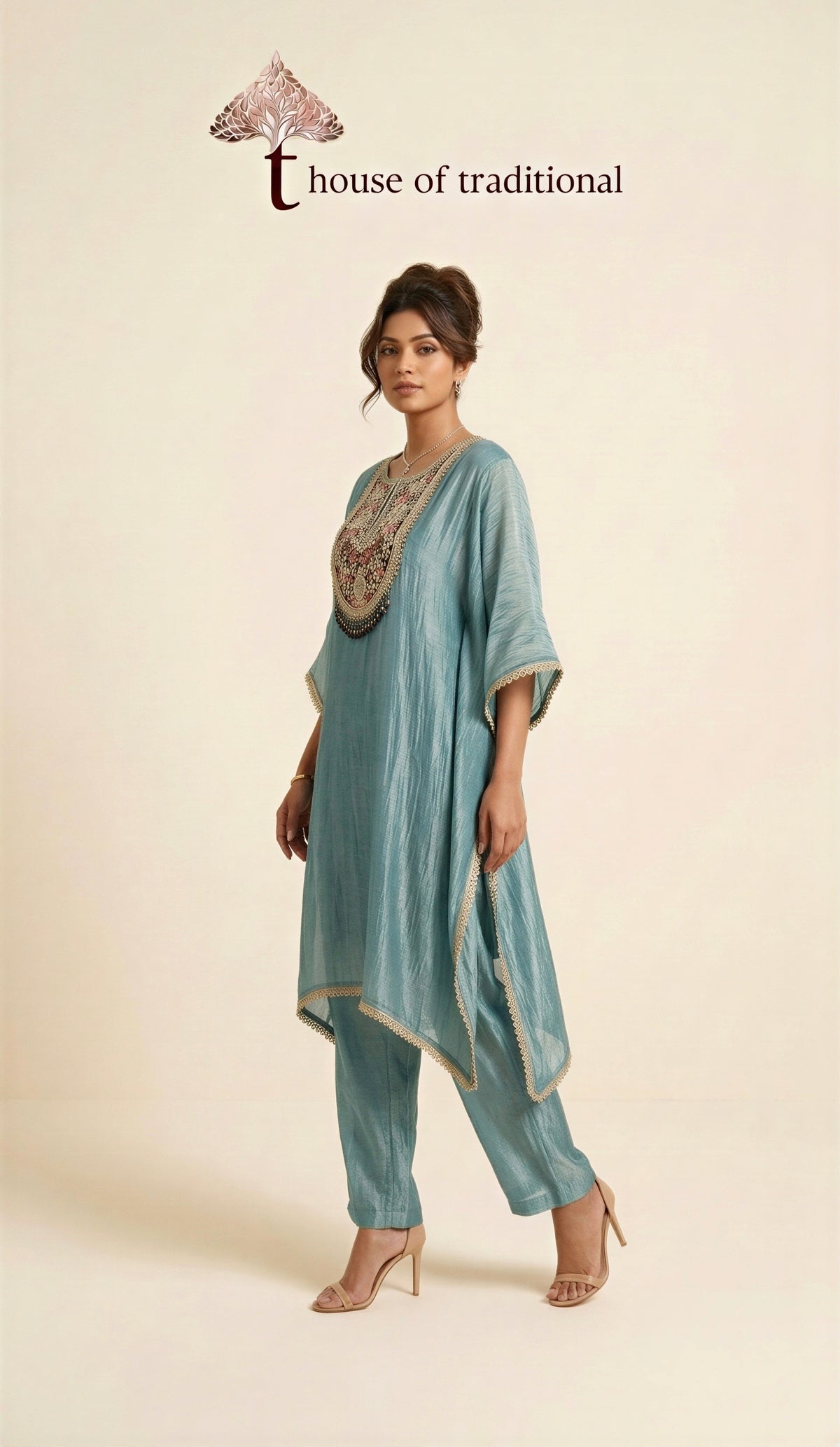 Dusty Sage Green Embellished Crush Tissue Kaftan Set